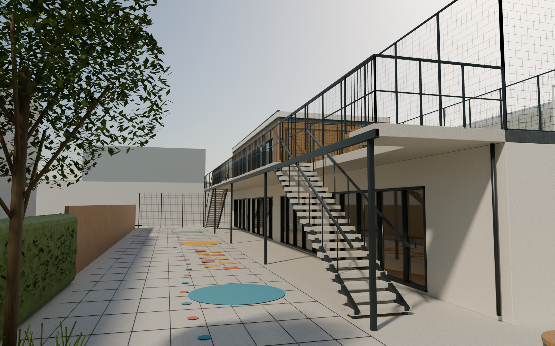 Illustrative courtyard with timber upper facade, greenery and the roof soccer enclosure