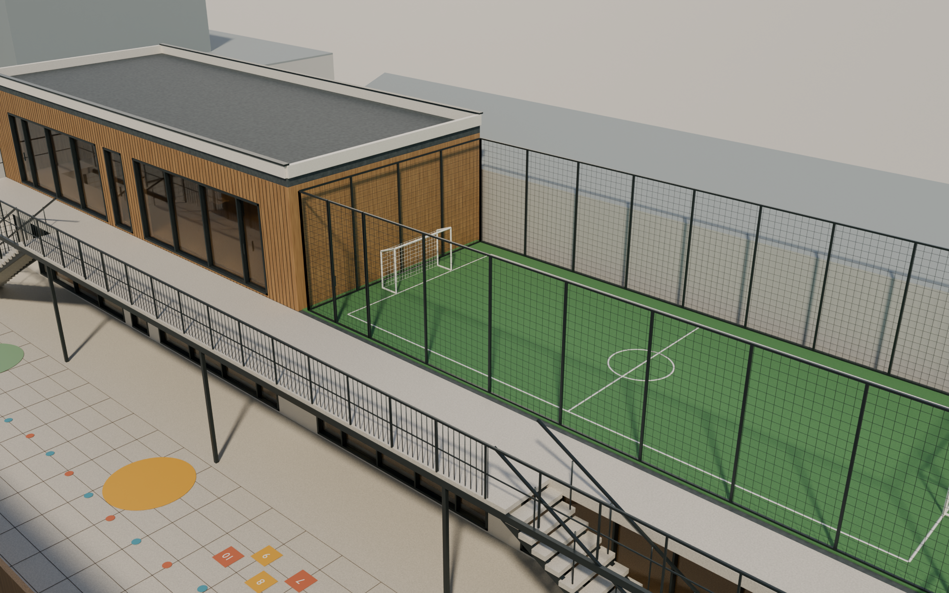 Illustrative elevated view of the fenced roof soccer area
