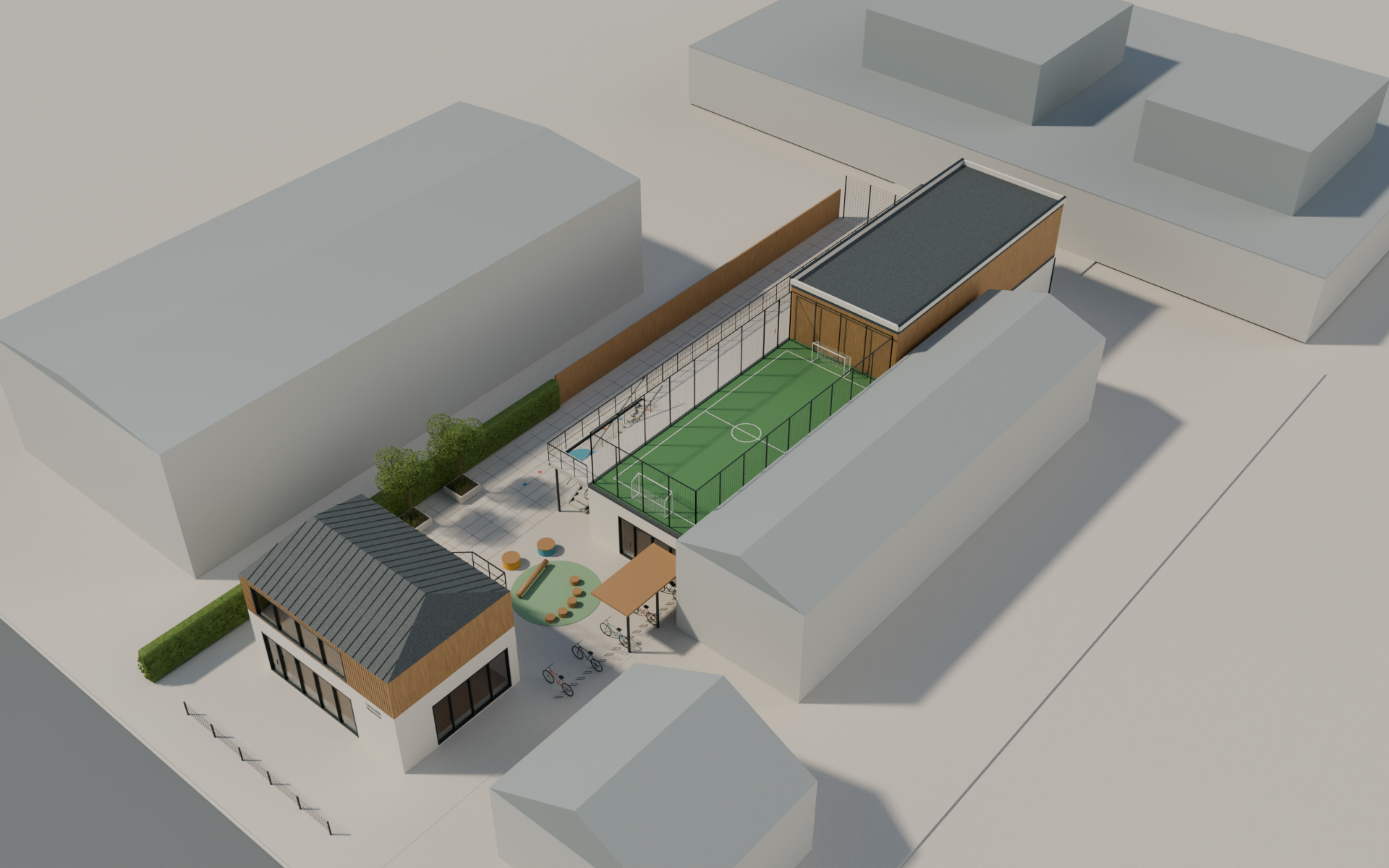 New school and illustrative surrounding neighborhood masses