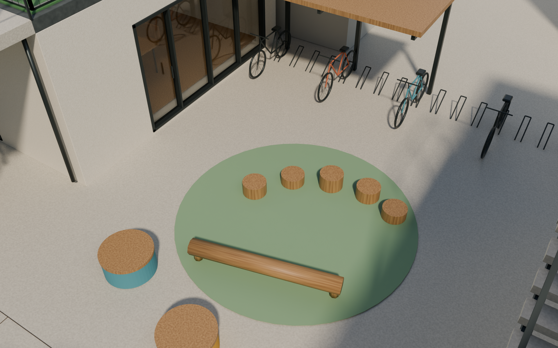 Illustrative play pocket with colorful seats, low balancing elements and a tree